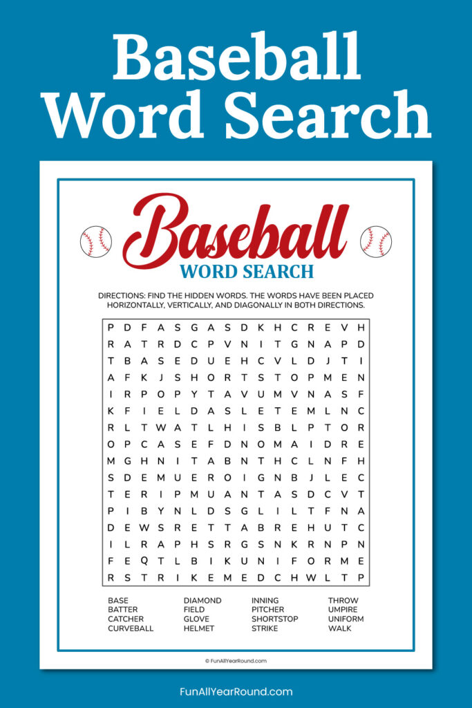 Baseball word search - Fun All Year Round