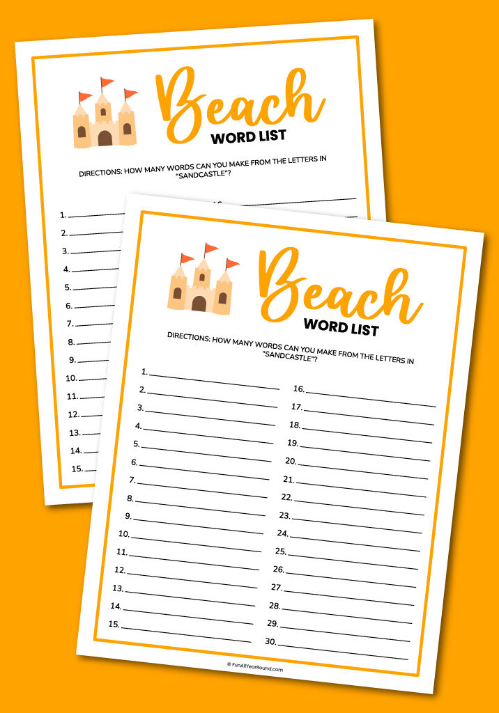 Printable beach word list