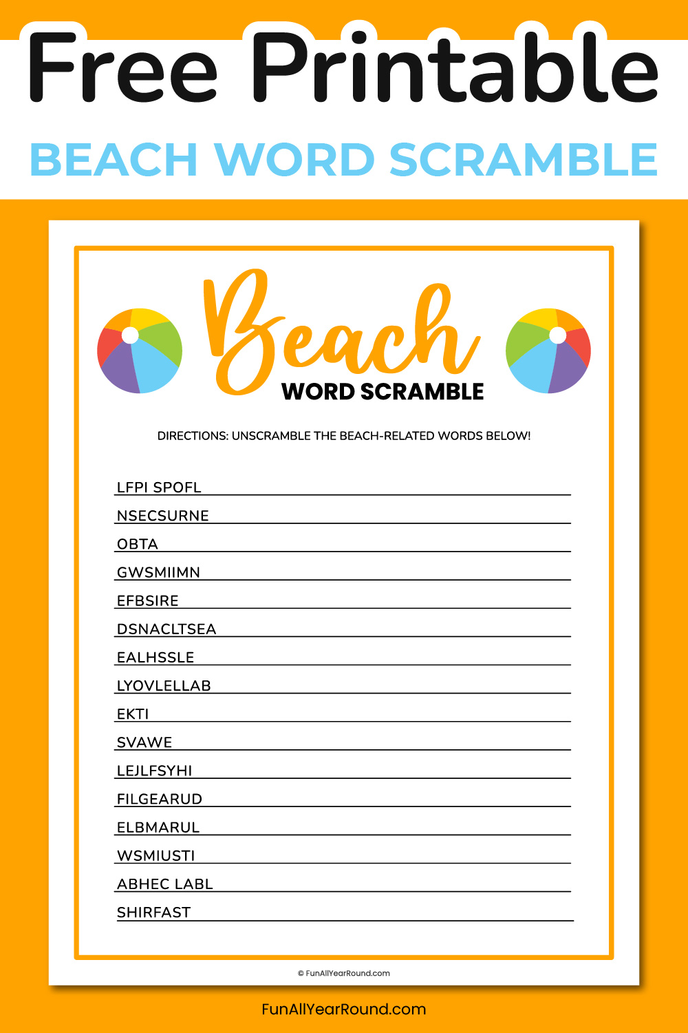 Printable beach word scramble