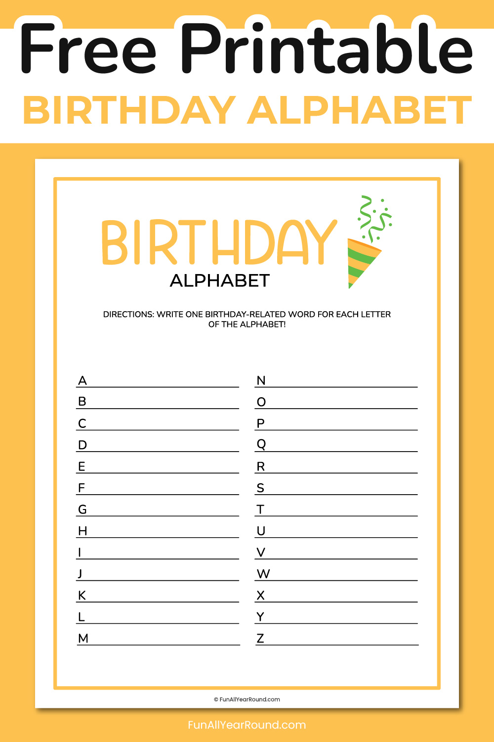 Printable birthday alphabet game