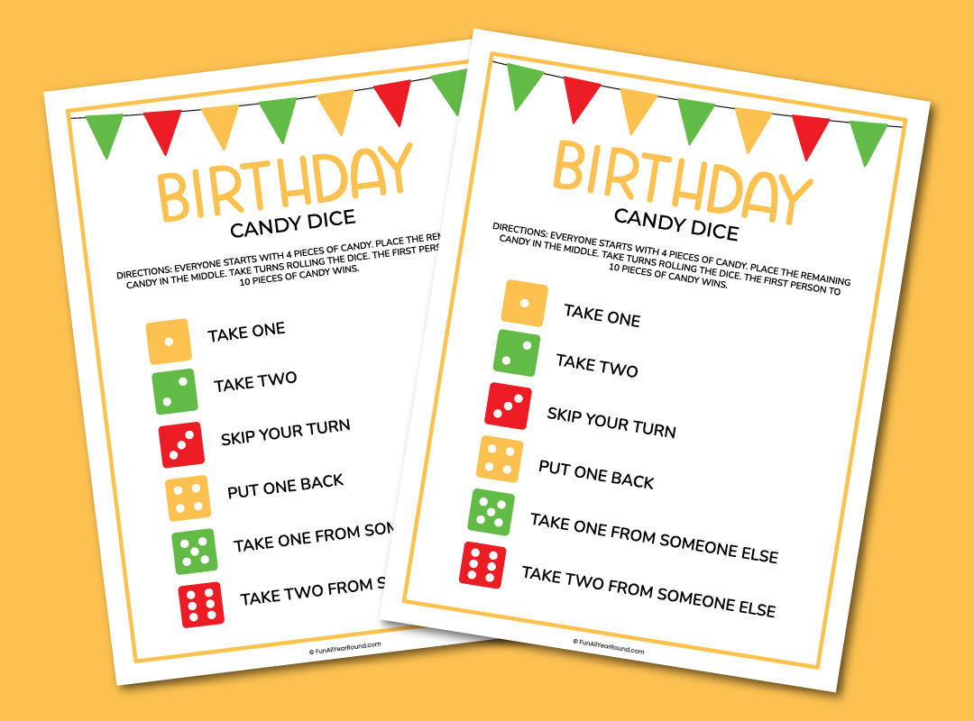 Printable birthday candy dice