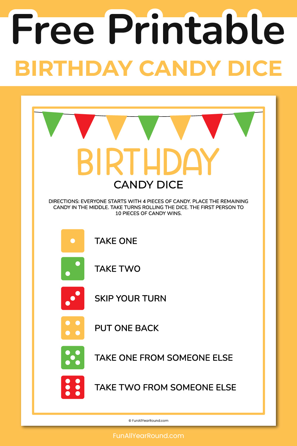 Printable birthday candy dice