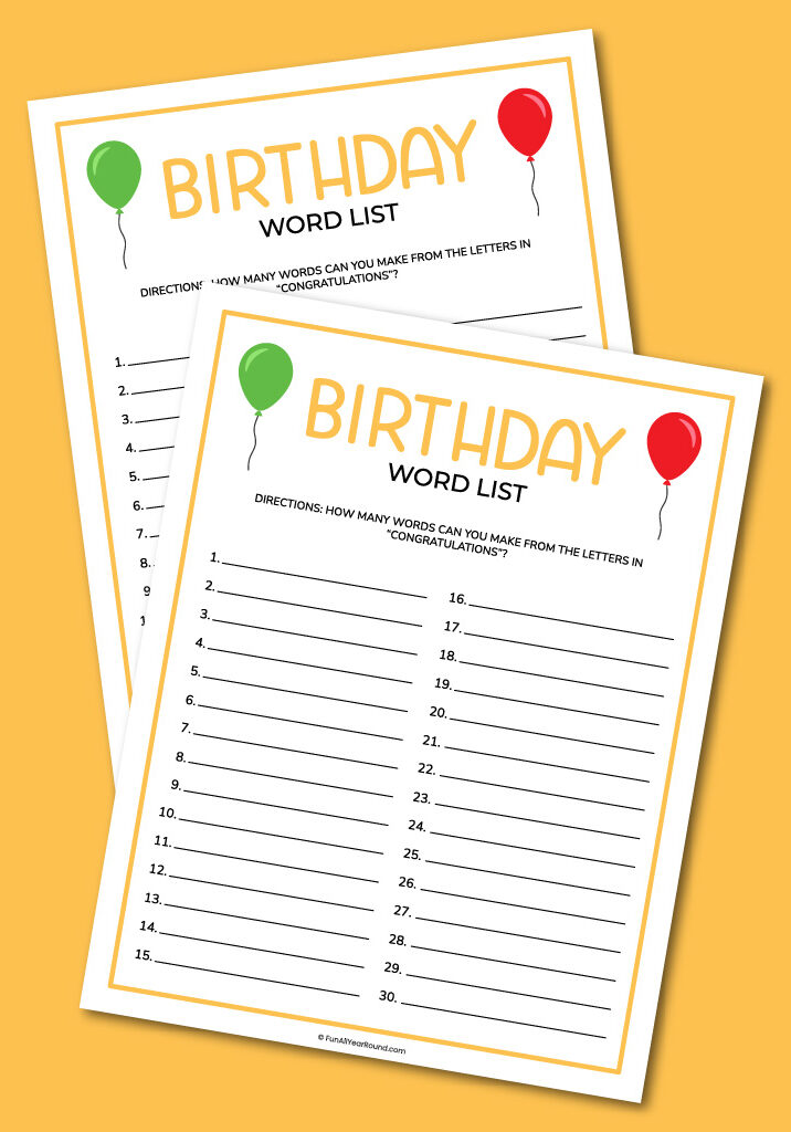 Printable birthday word list