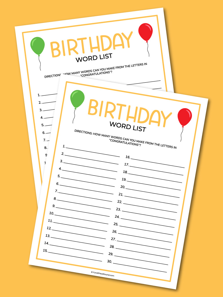 Birthday word list - Fun All Year Round