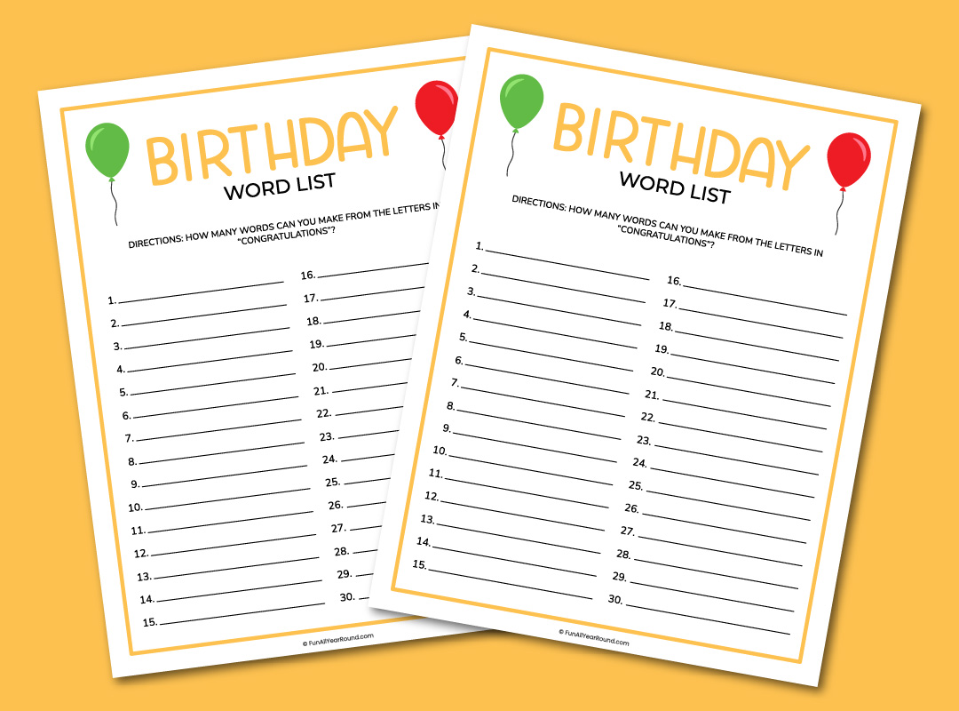 Printable birthday word list