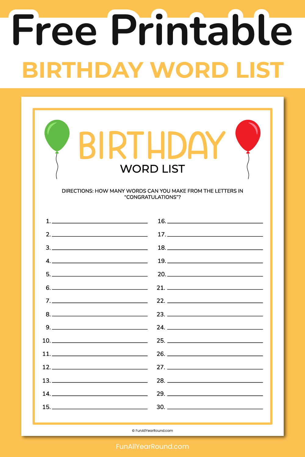 Printable birthday word list