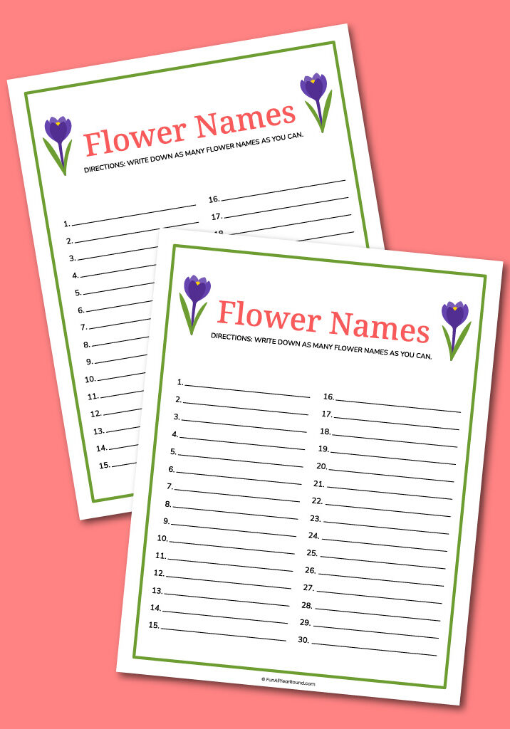 Printable flower names activity