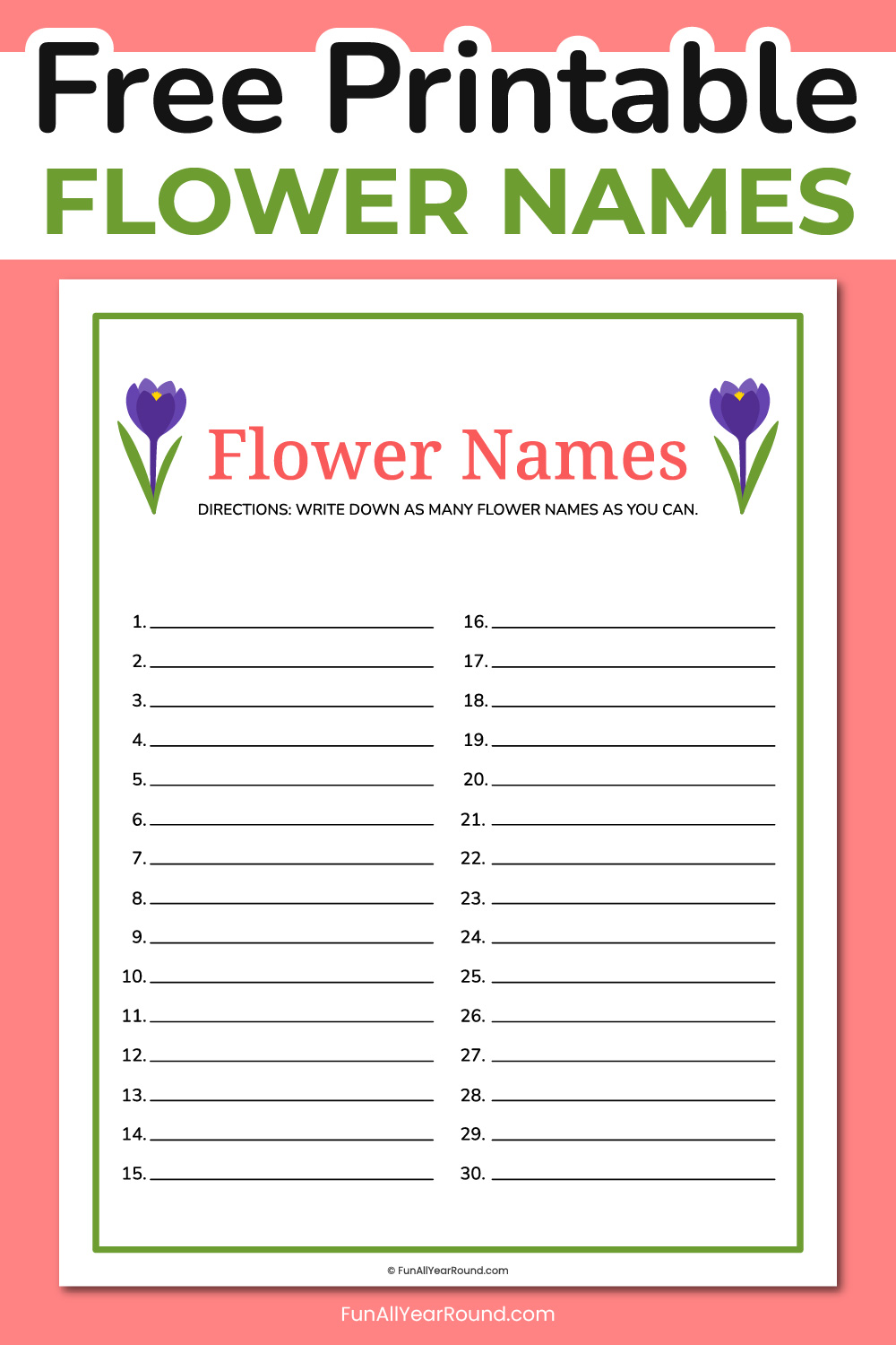 Printable flower names activity