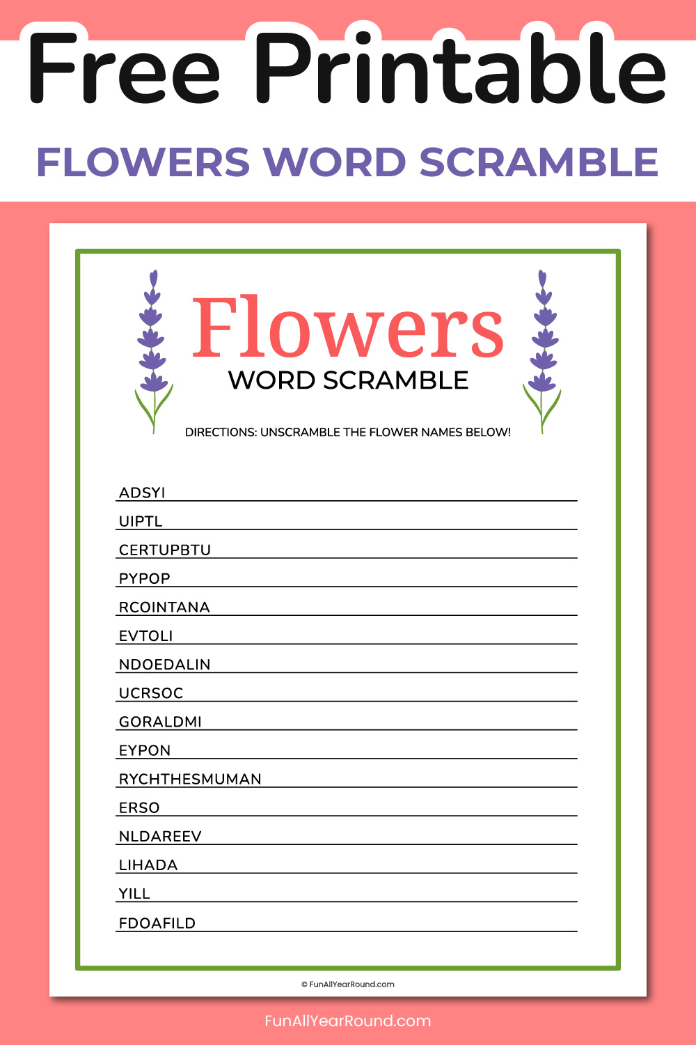 Printable flowers word scramble