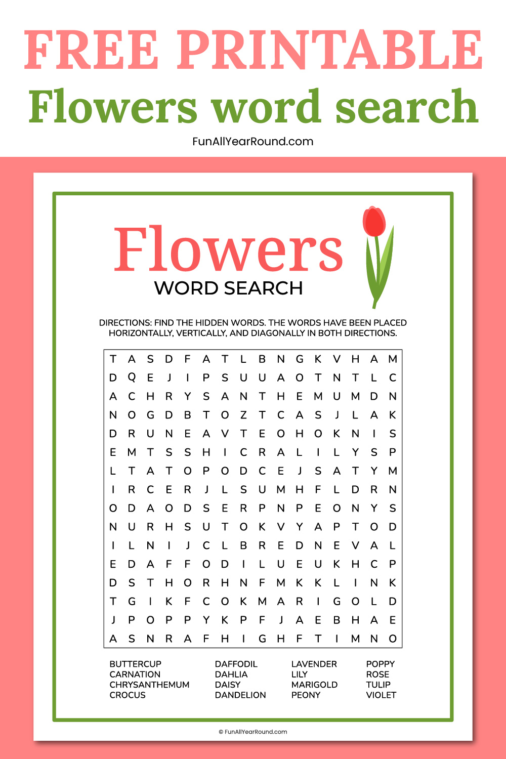 Printable flowers word search