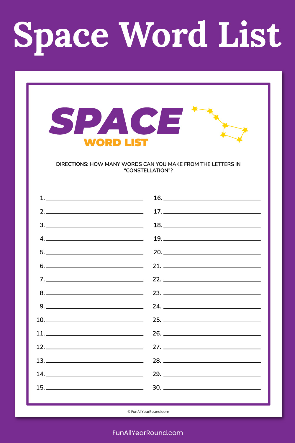 Printable space word list