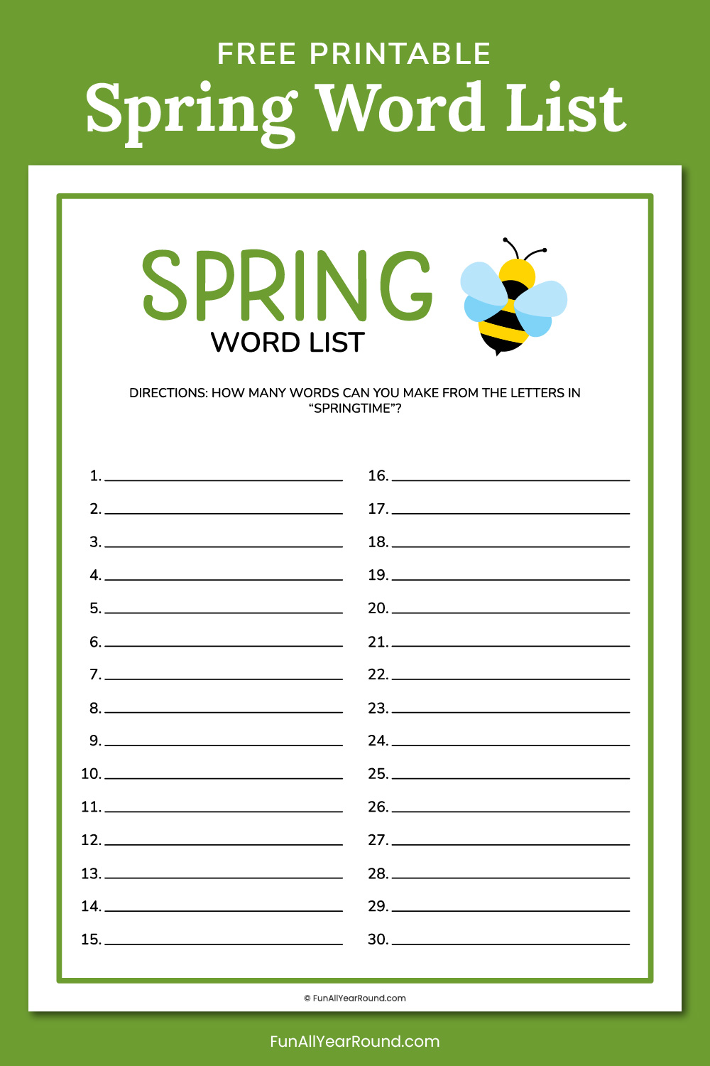 Printable spring word list