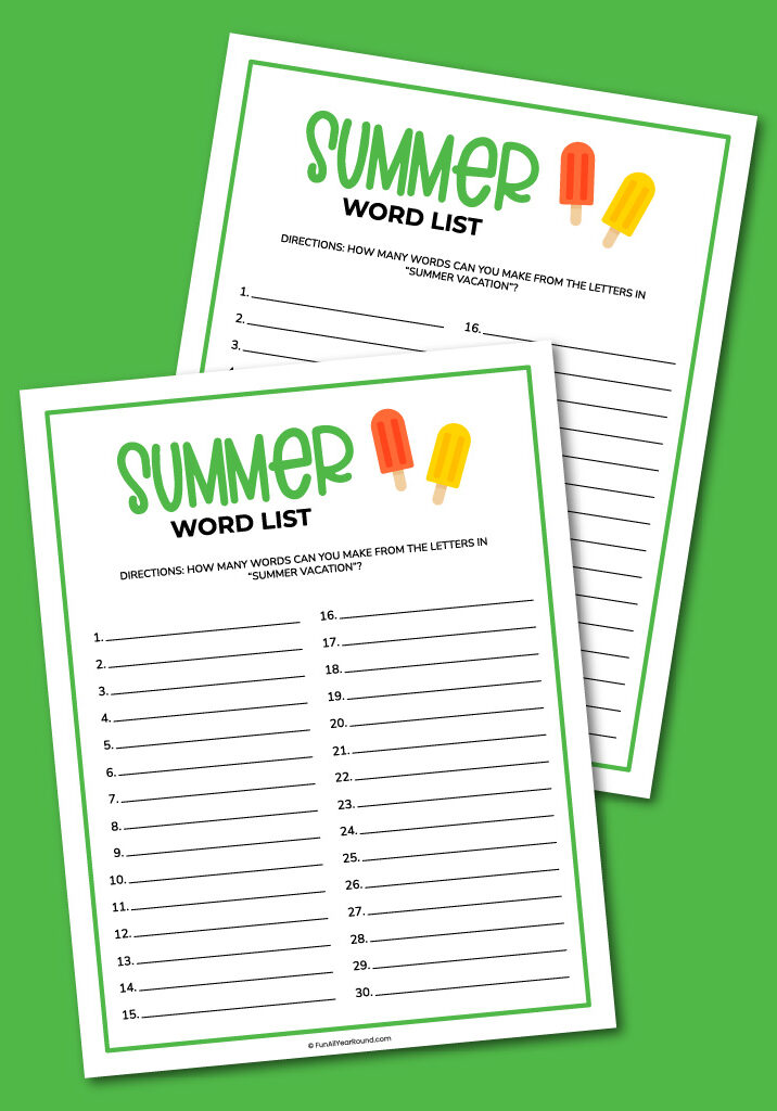 Printable summer word list