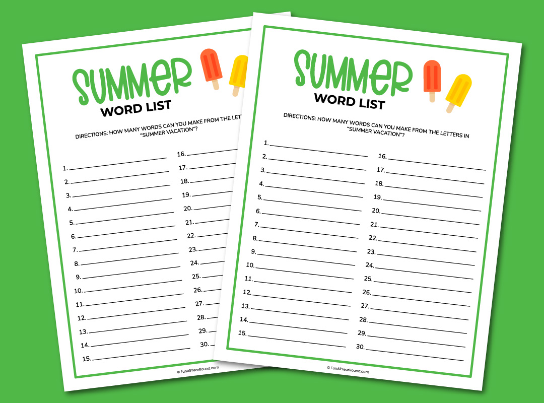 Printable summer word list