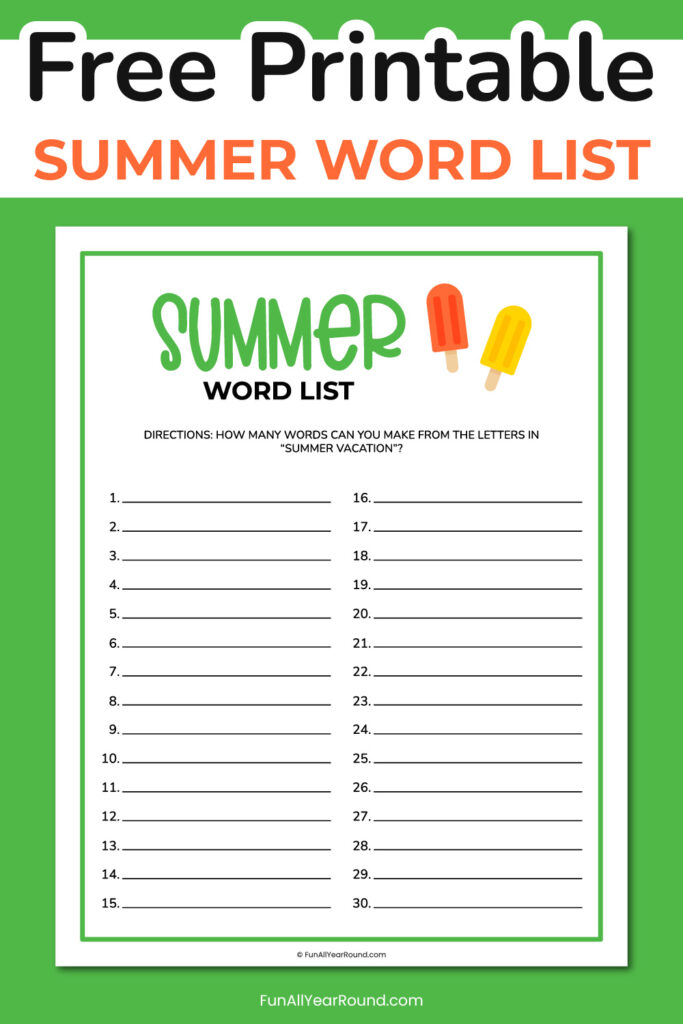 Summer word list - Fun All Year Round