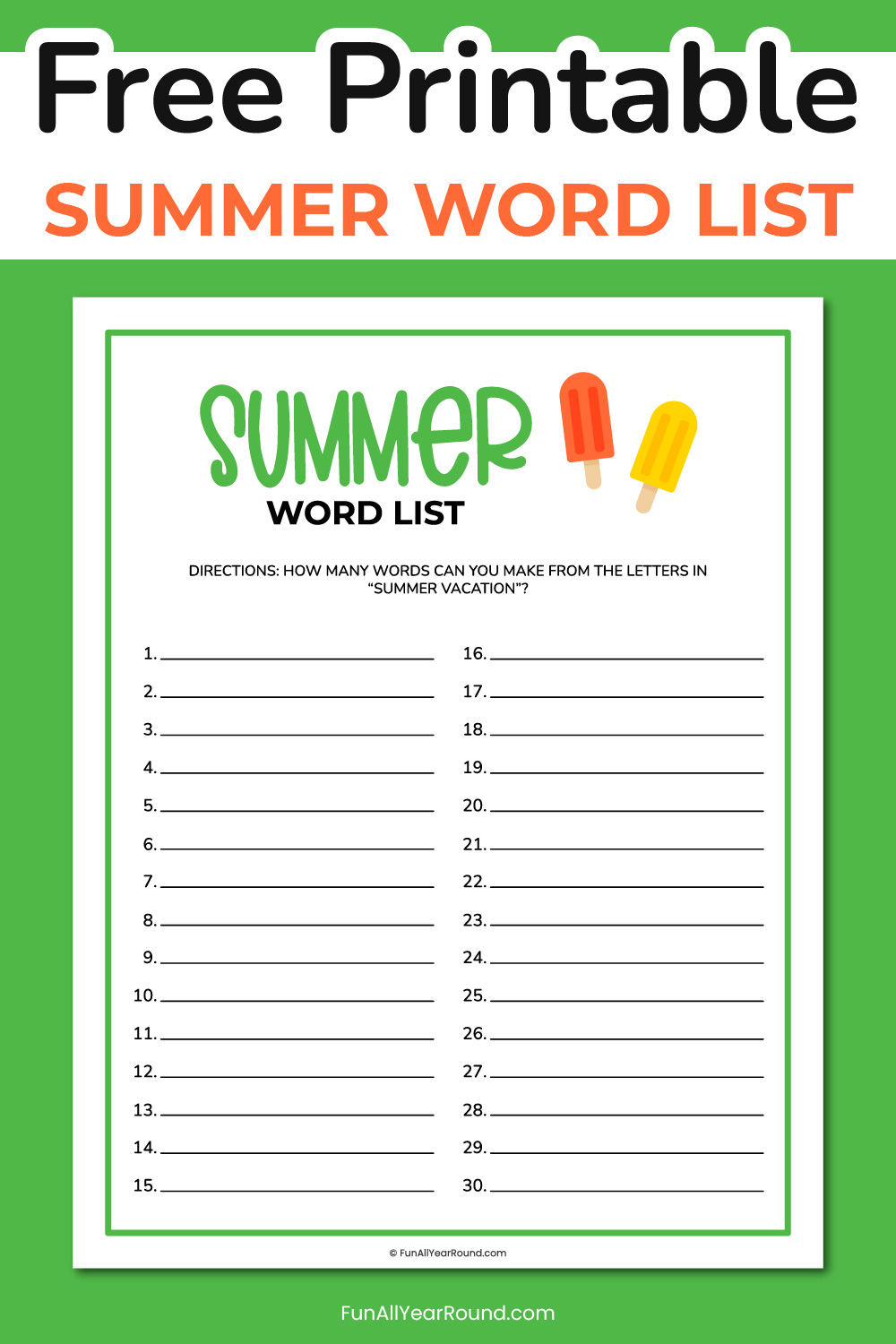 Printable summer word list