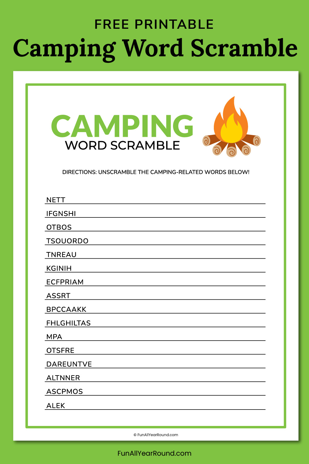 printable camping word scramble