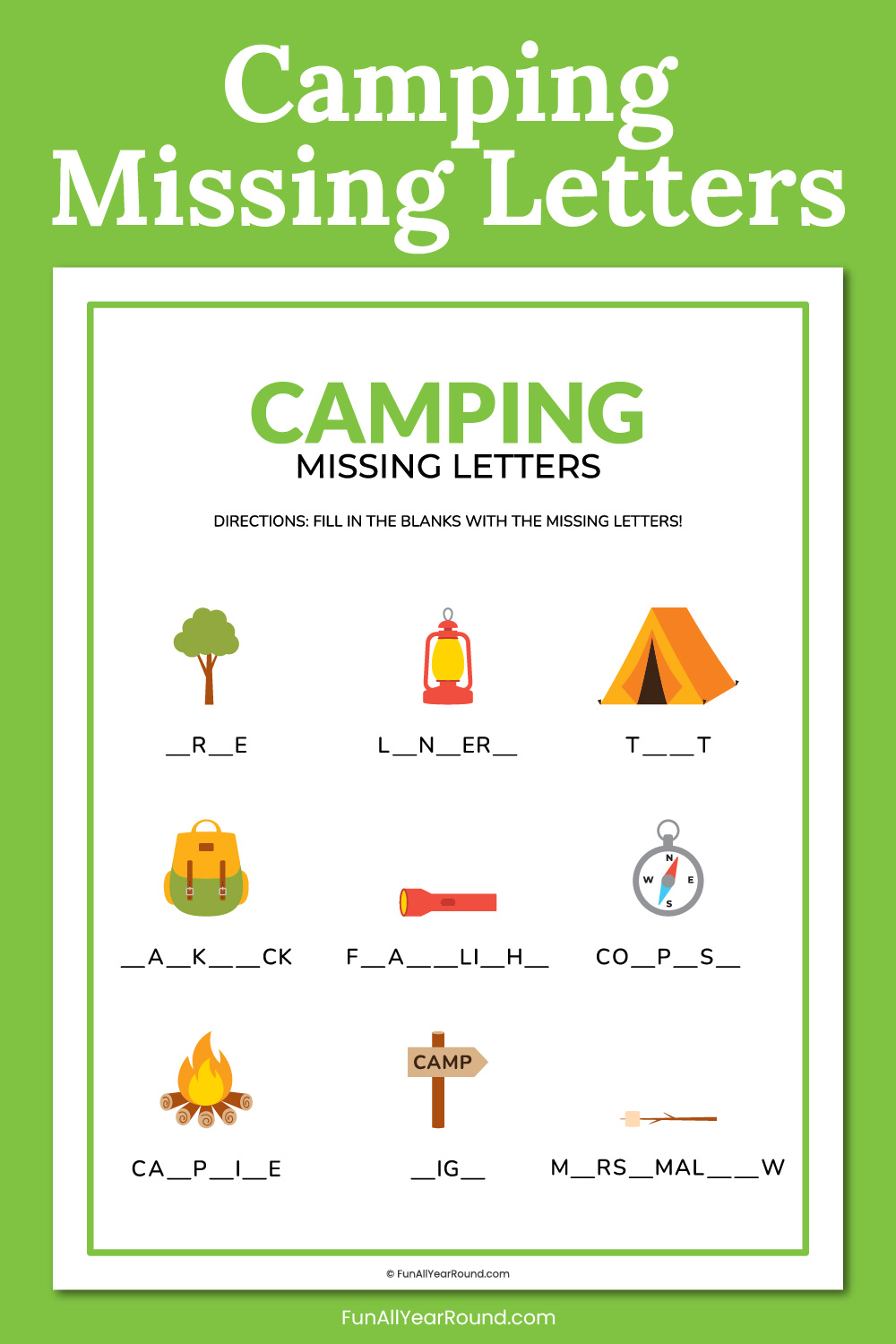 Free printable camping missing letters