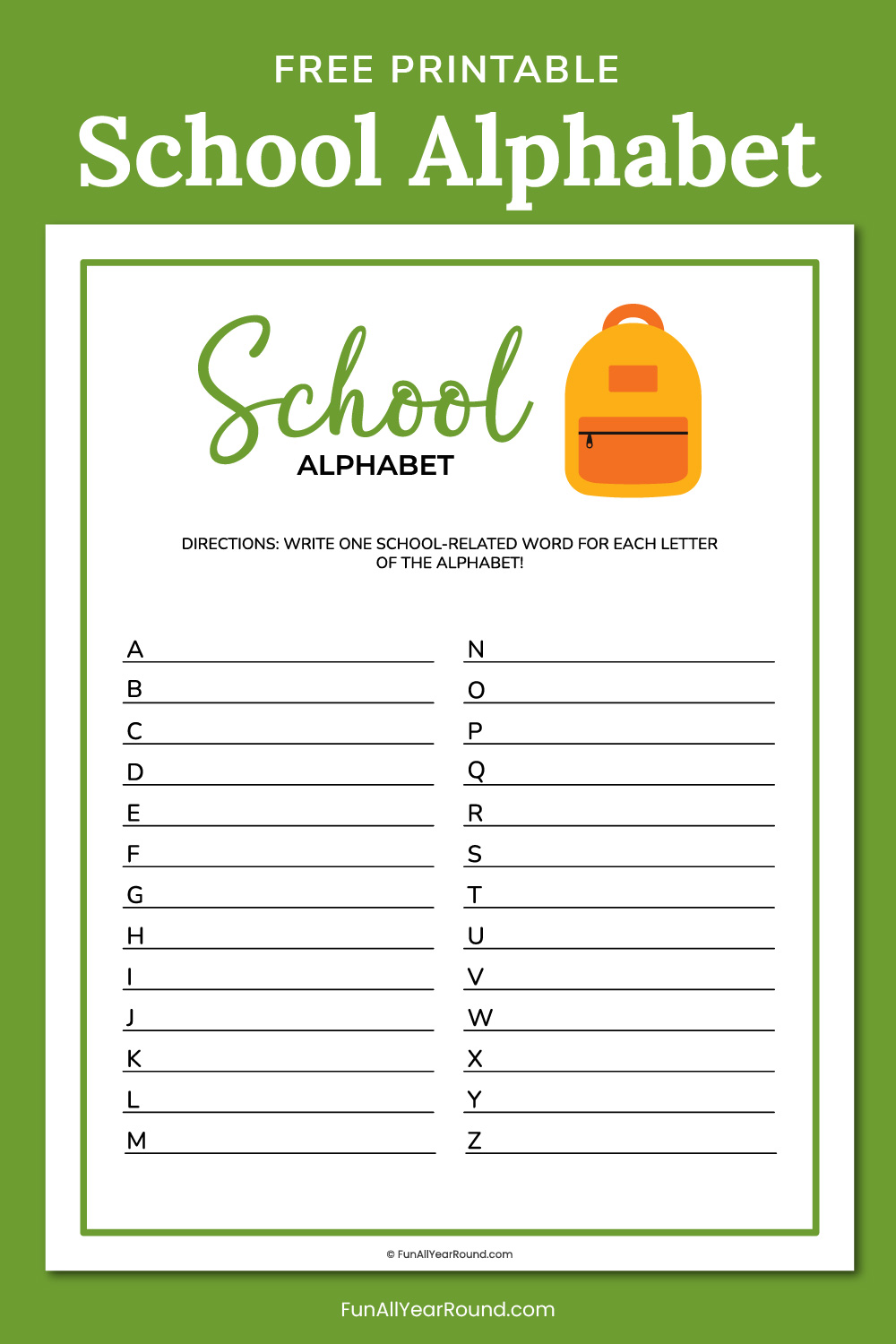 Printable school alphabet game