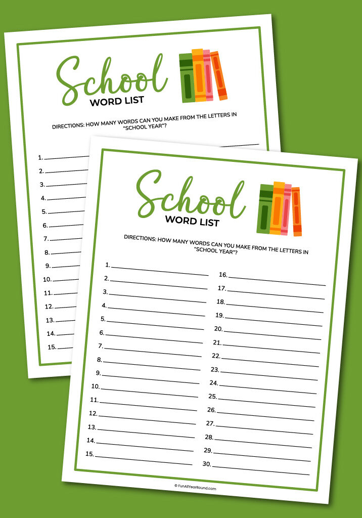 printable school word list