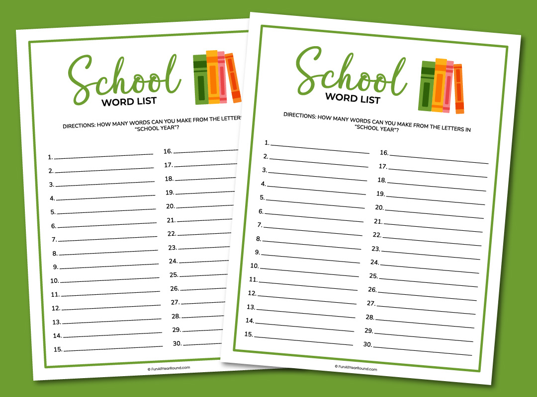 printable school word list