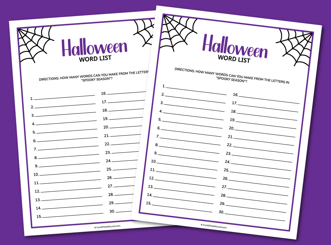 printable Halloween word list