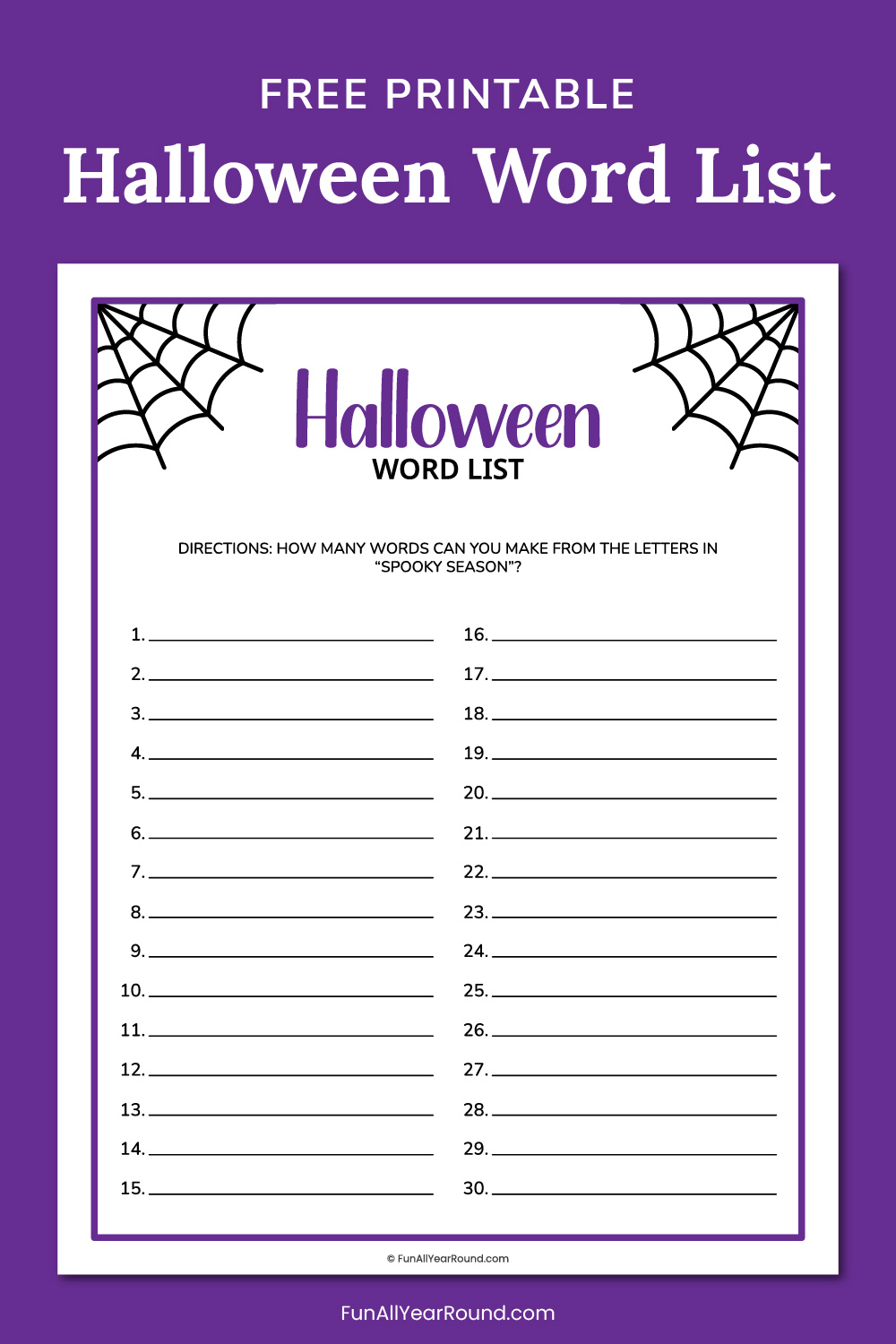 printable Halloween word list