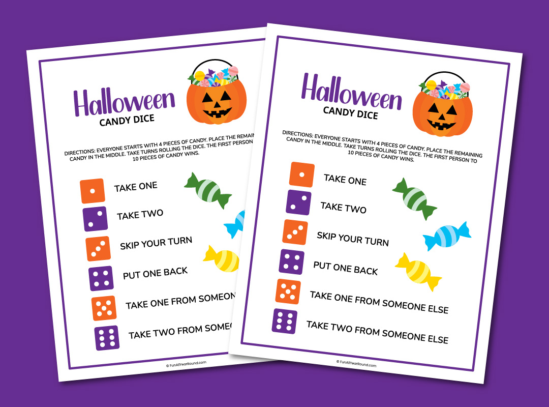 printable Halloween candy dice game