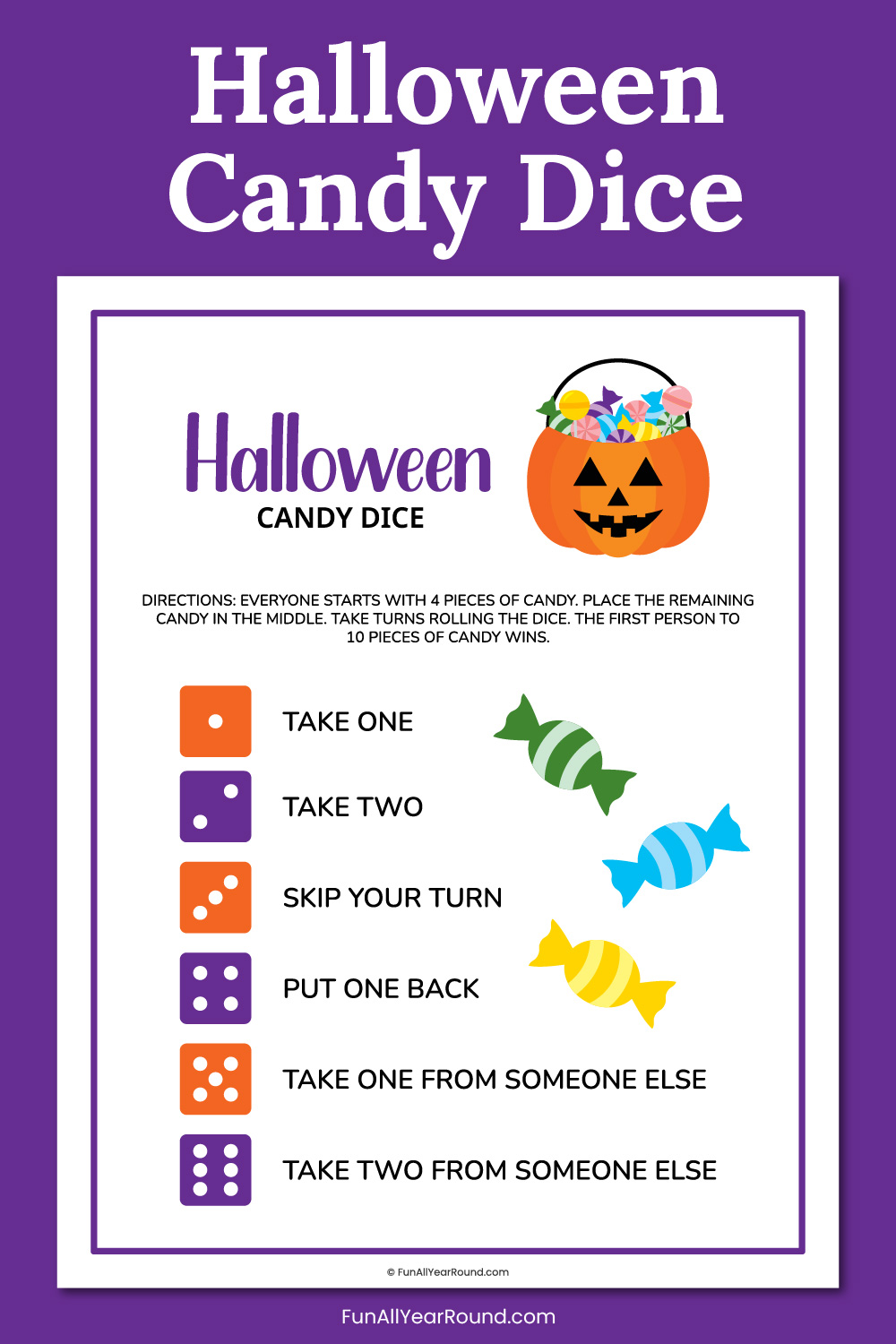 printable Halloween candy dice game