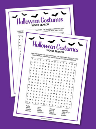 printable Halloween costumes word search