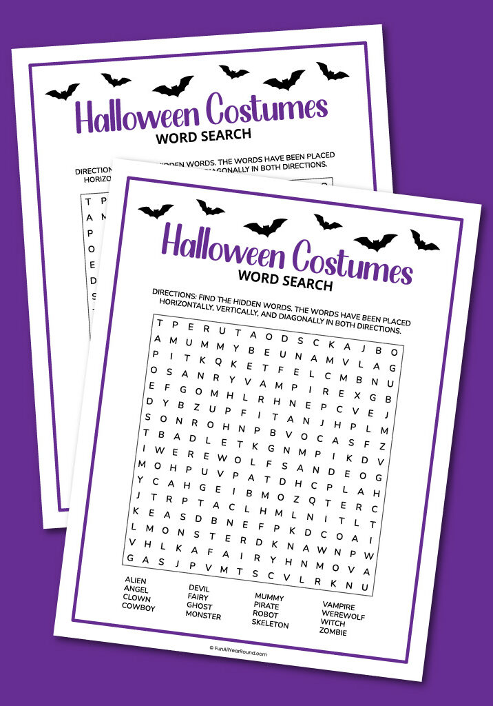 printable Halloween costumes word search