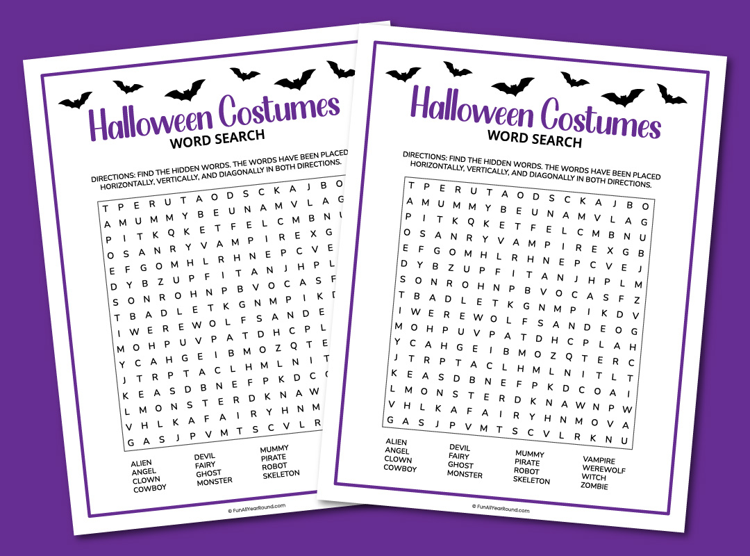 printable Halloween costumes word search