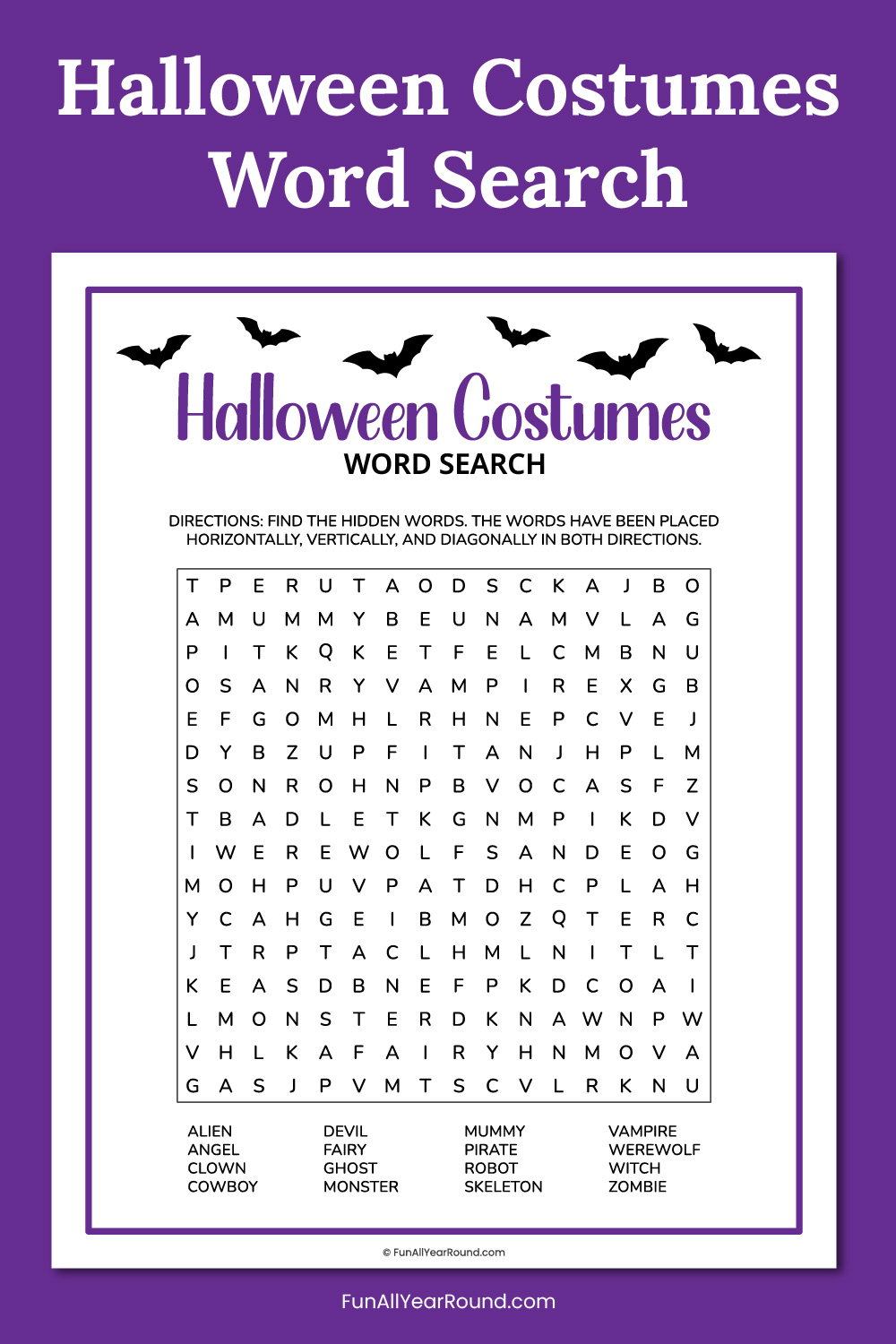 printable Halloween costumes word search