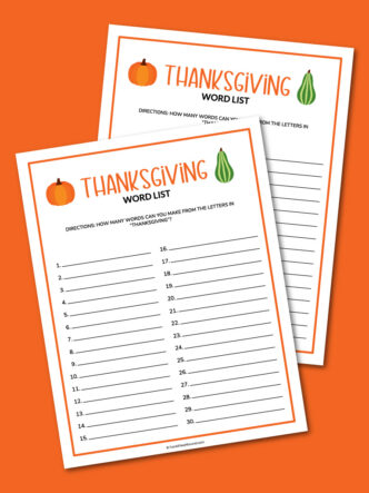 printable Thanksgiving word list