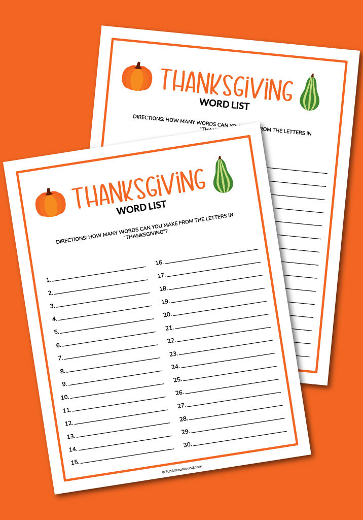 printable Thanksgiving word list