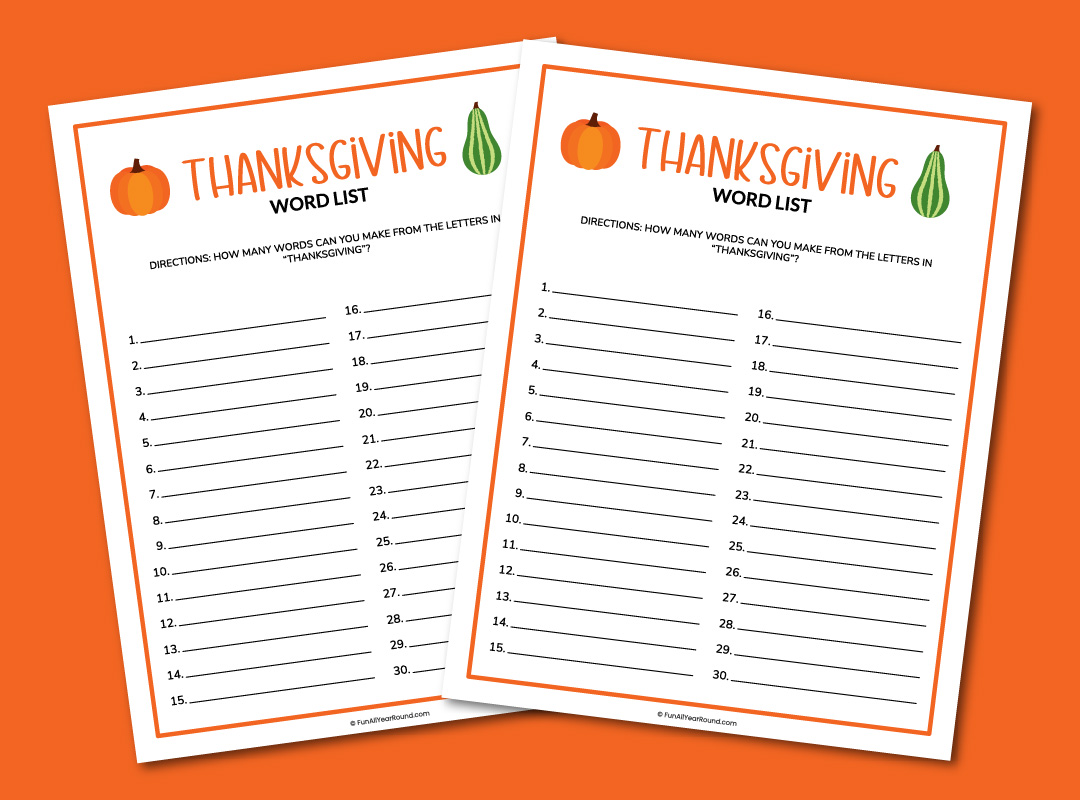 printable Thanksgiving word list