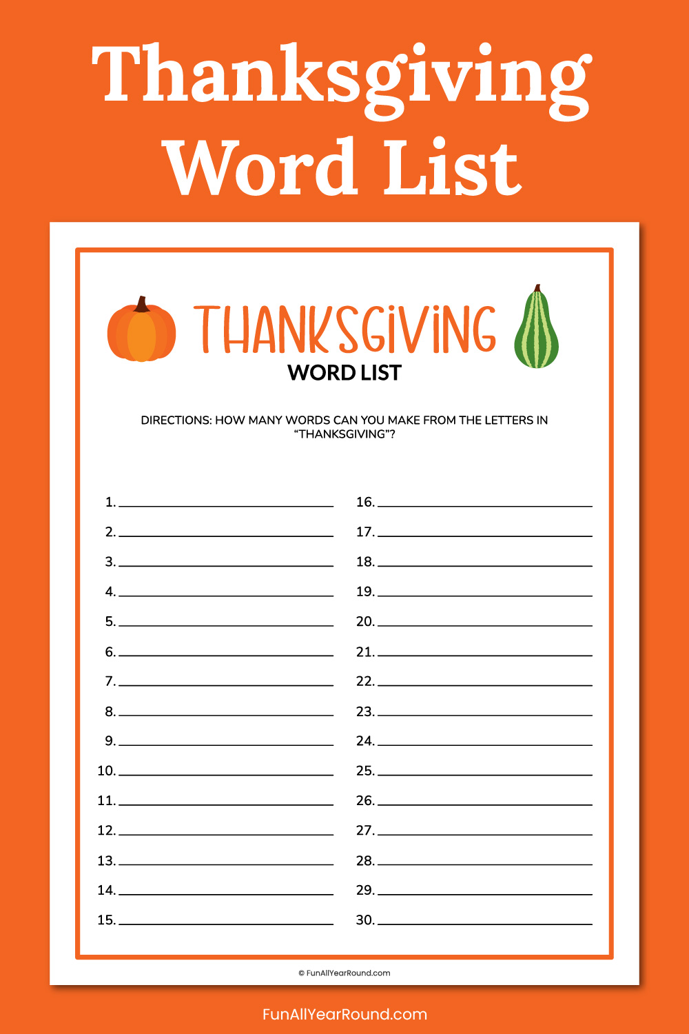 printable Thanksgiving word list