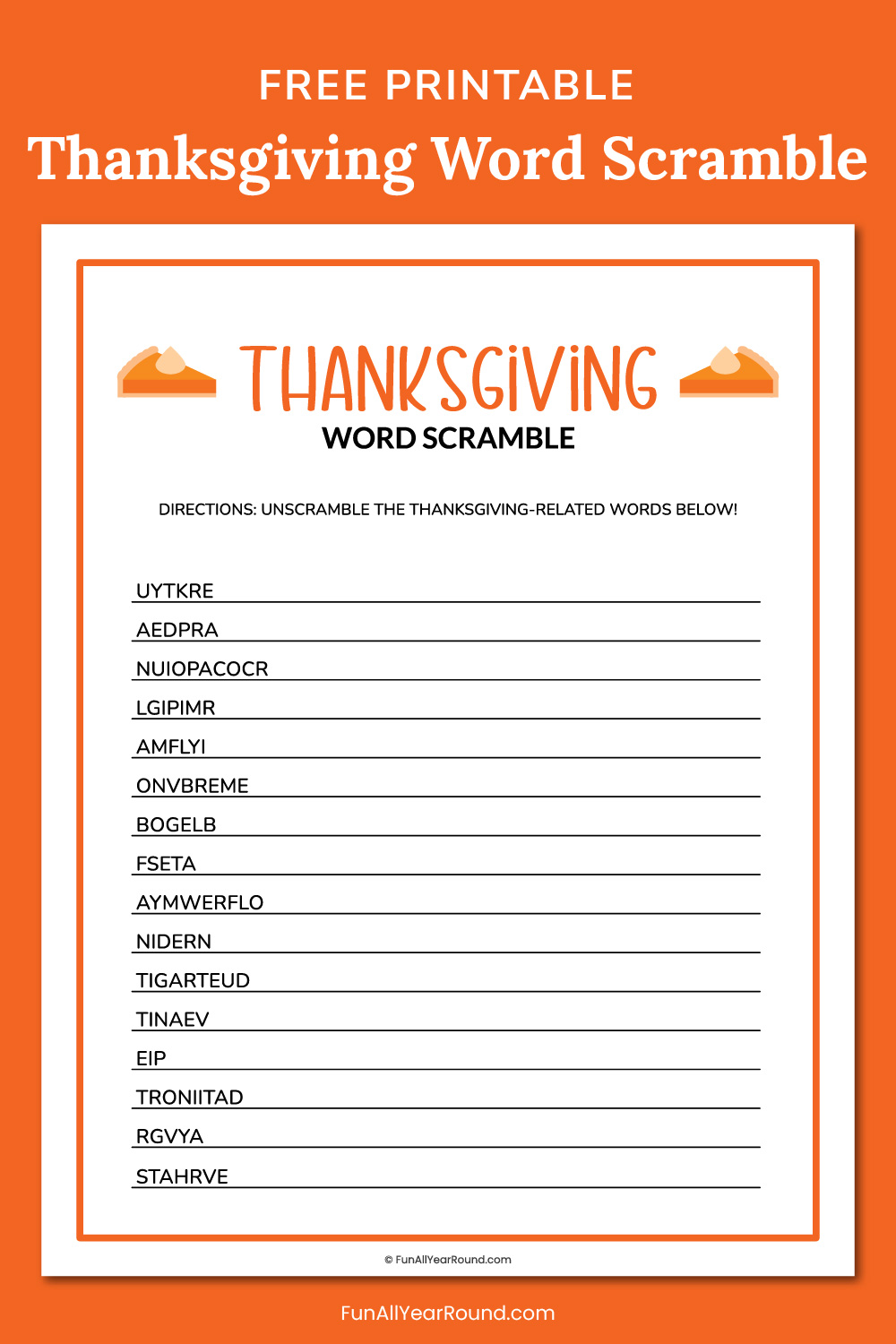 printable Thanksgiving word scramble