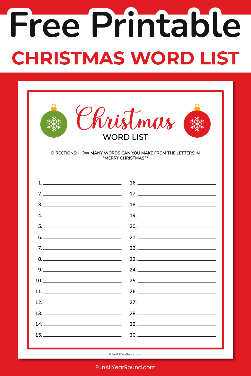 printable Christmas word list