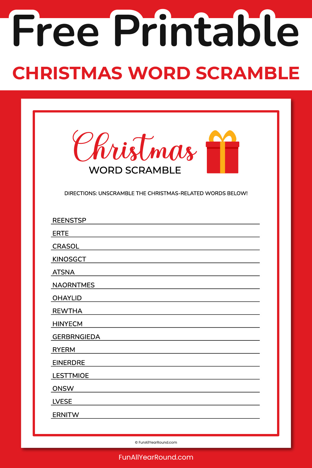 printable Christmas word scramble