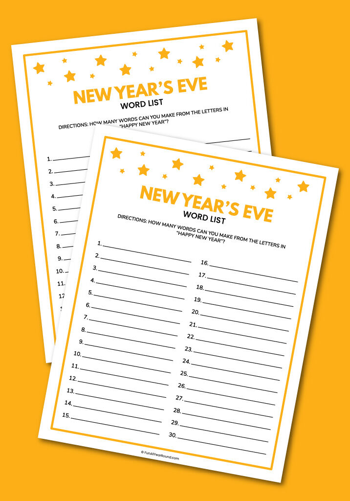 printable New Year's Eve word list