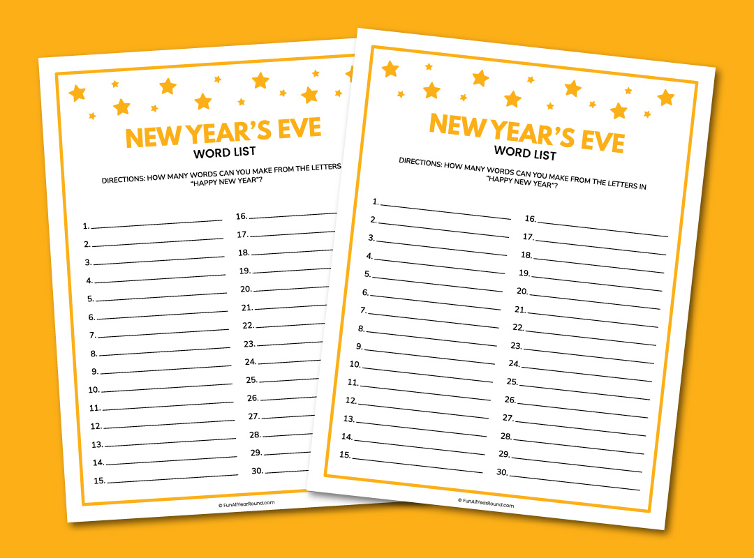 printable New Year's Eve word list