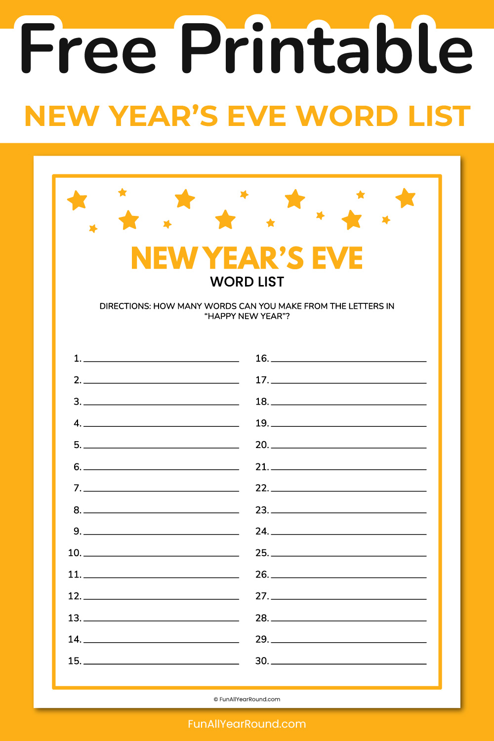 printable New Year's Eve word list