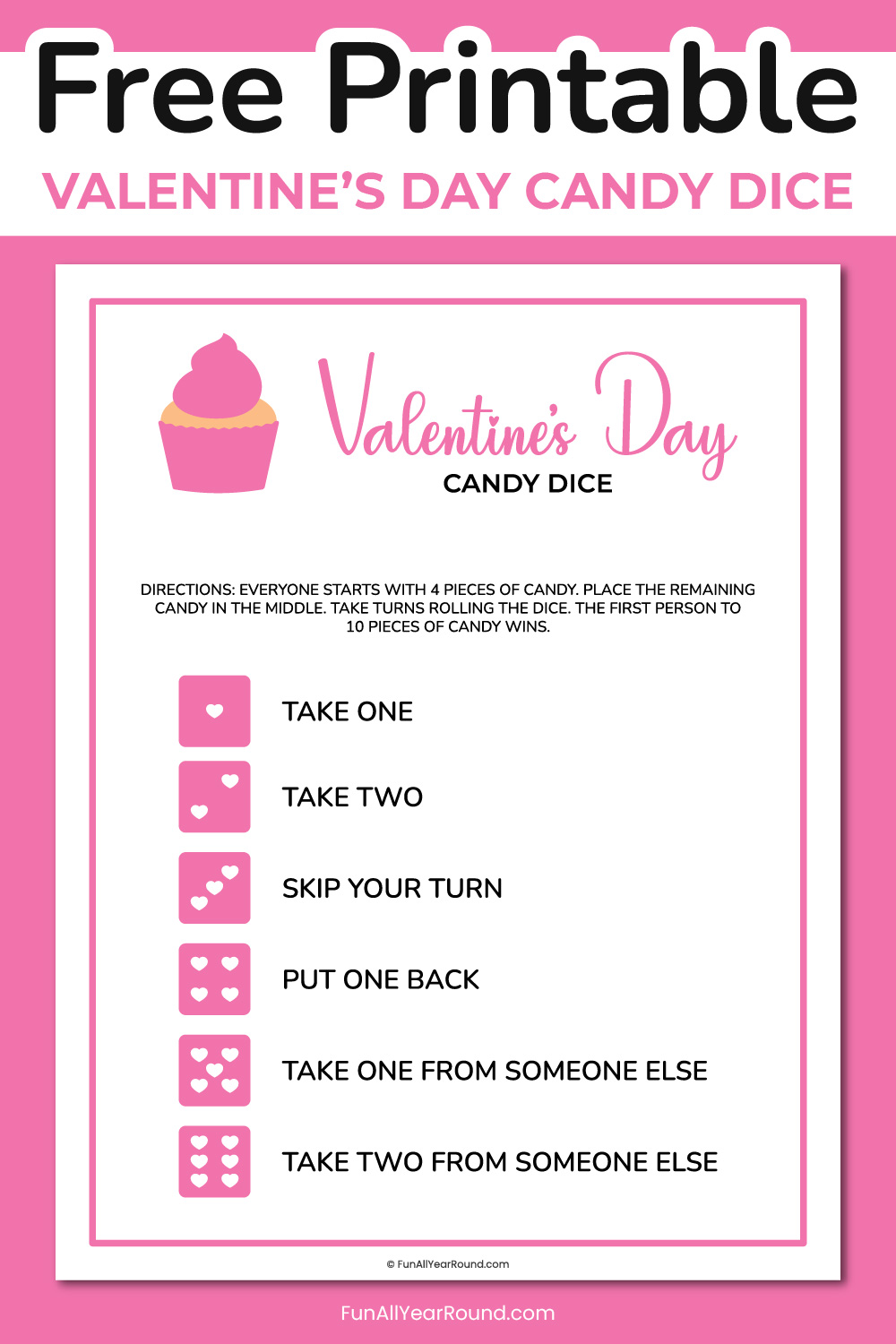 printable Valentine's Day candy dice