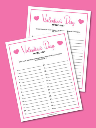 printable Valentine's Day word list