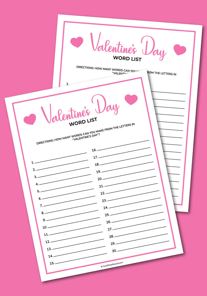 printable Valentine's Day word list