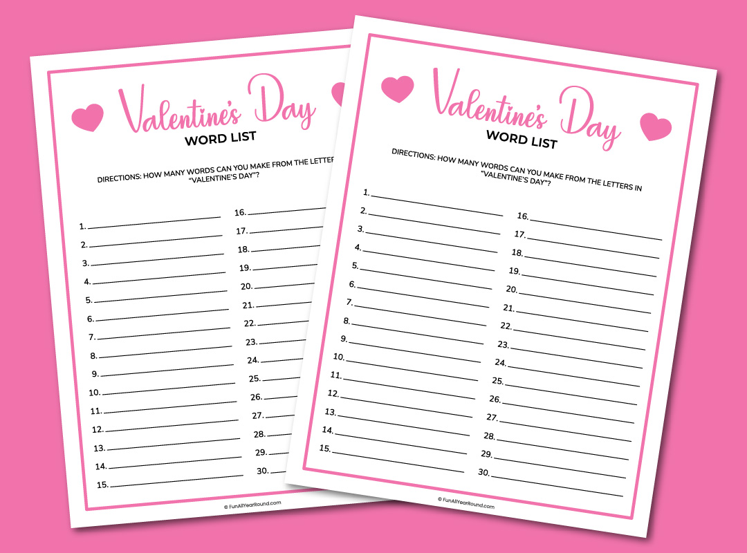 printable Valentine's Day word list