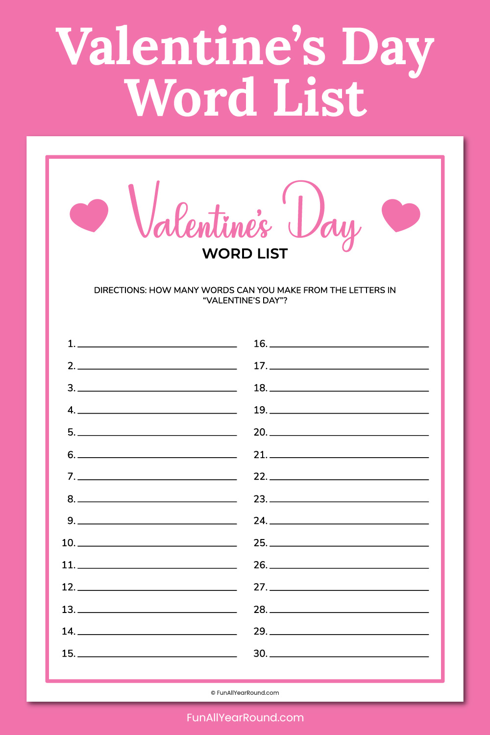 printable Valentine's Day word list