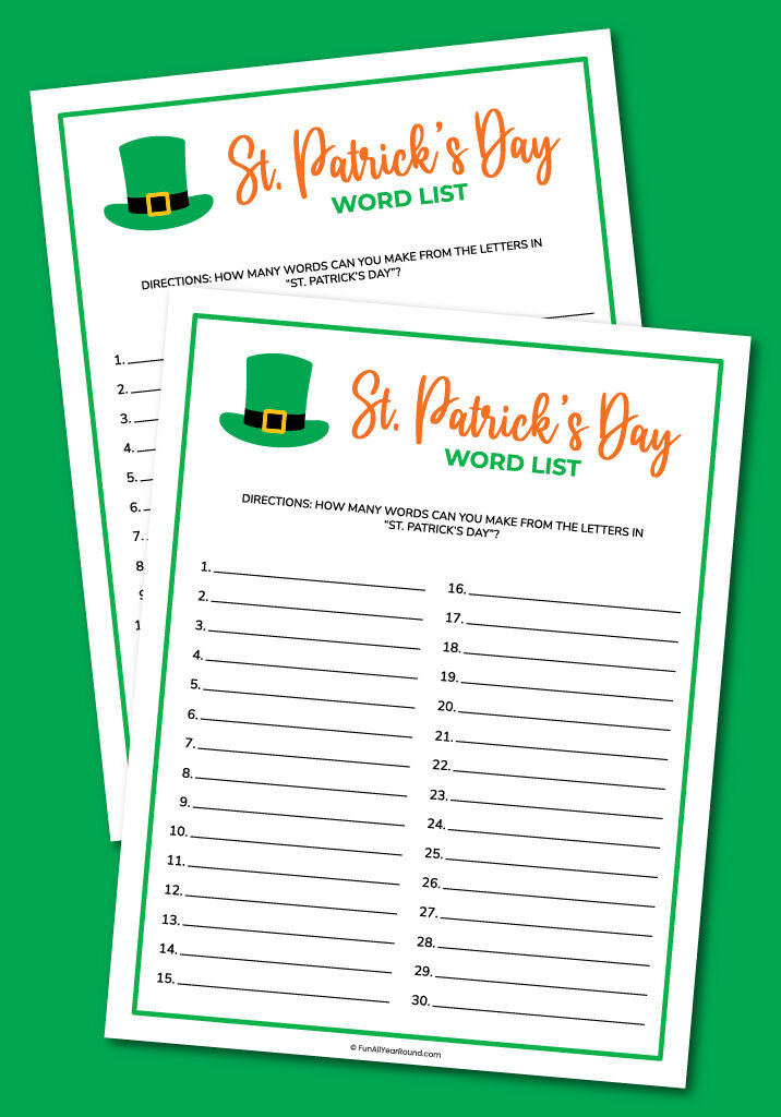 printable St. Patrick's Day word list game