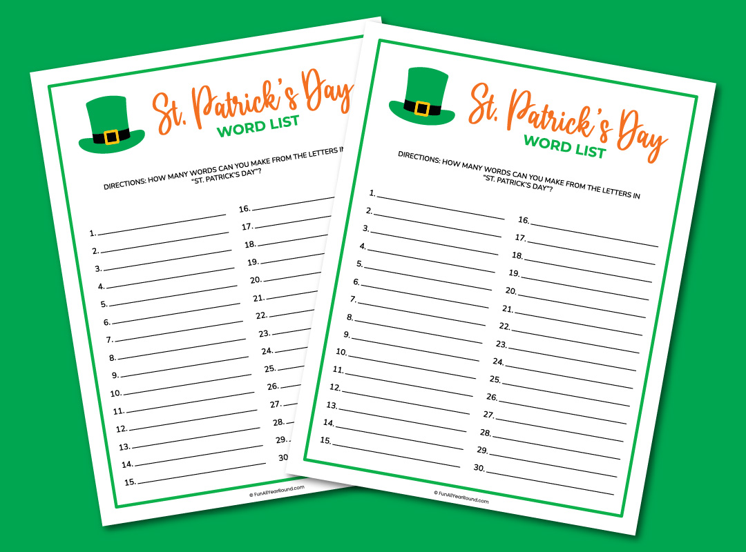 printable St. Patrick's Day word list game